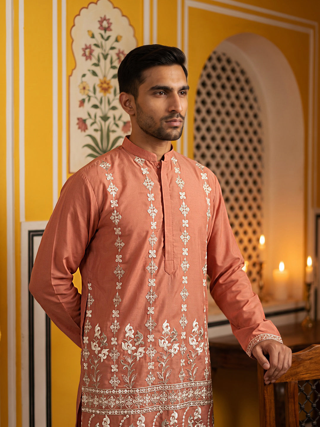 Floral Embroidered Kurta with Korean Pants ( 65KP 5628Peach )