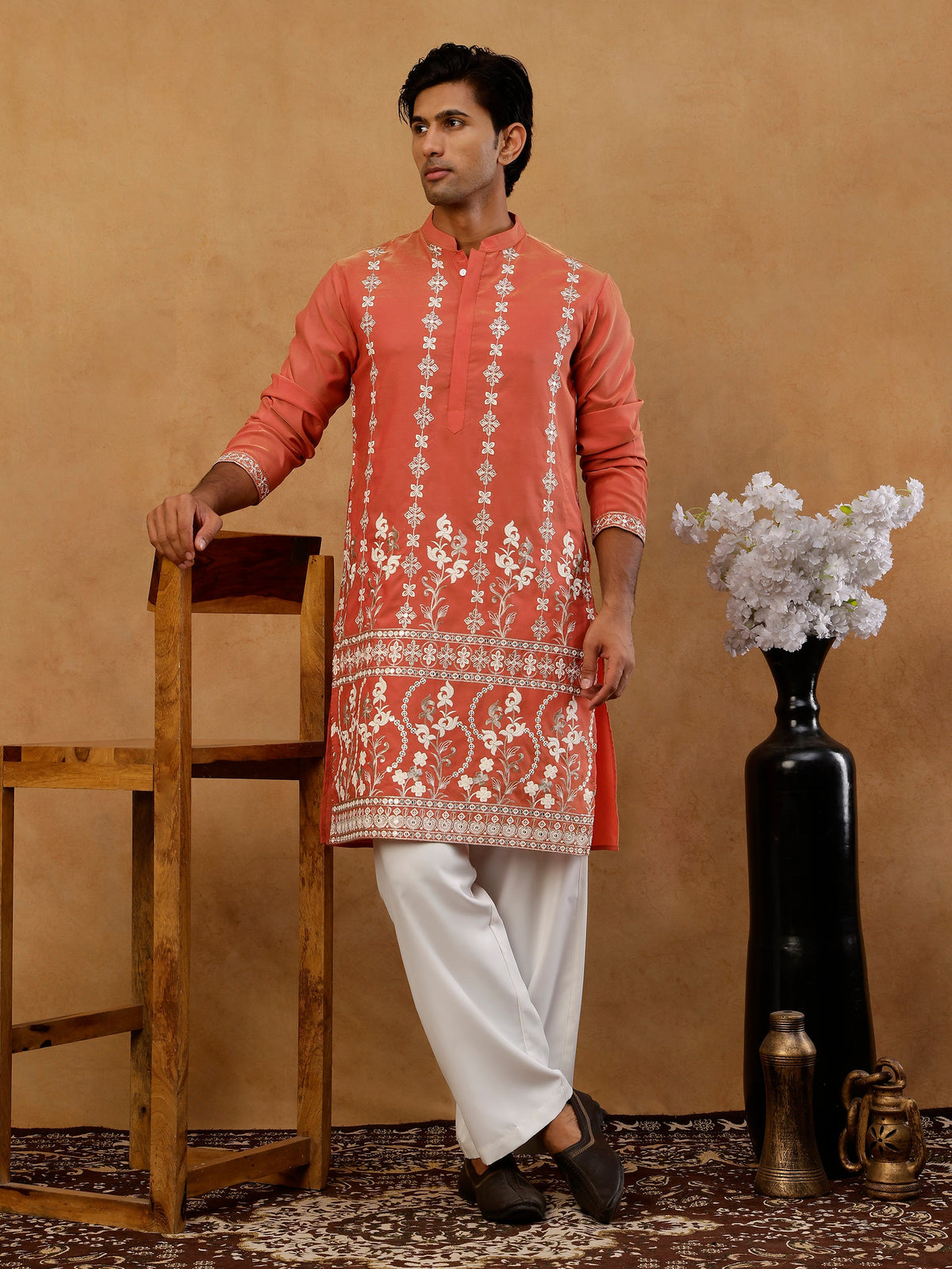 Floral Embroidered Kurta with Korean Pants ( 65KP PJ11W E 5628 Peach )