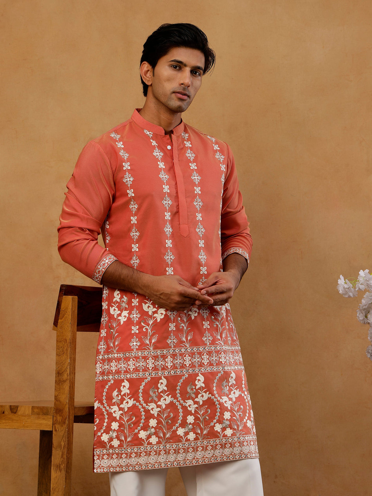 Floral Embroidered Kurta with Korean Pants ( 65KP PJ11W E 5628 Peach )