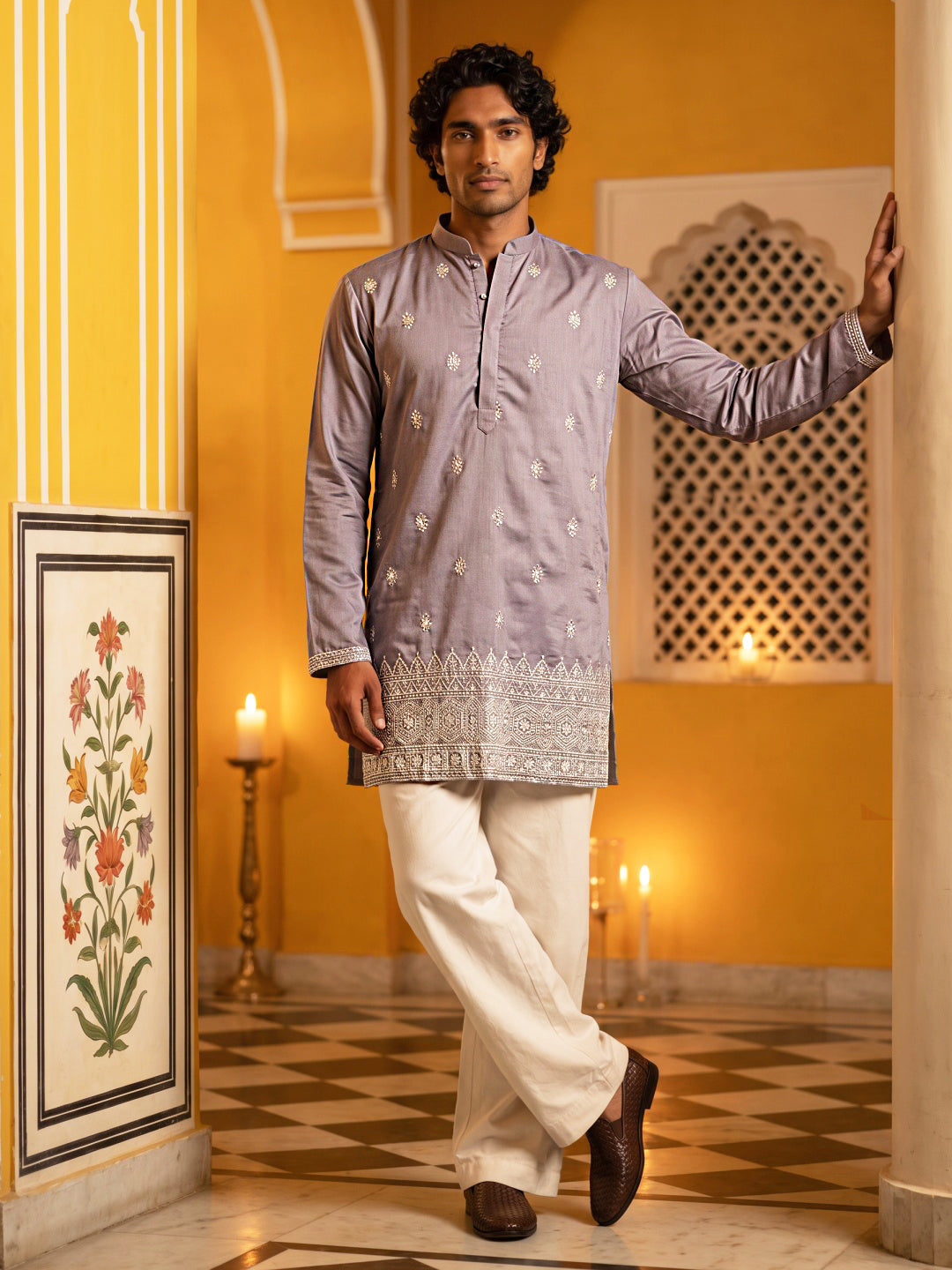 Floral Embroidered Kurta with Korean Pants ( 65KP PJ11W 5629Purple )