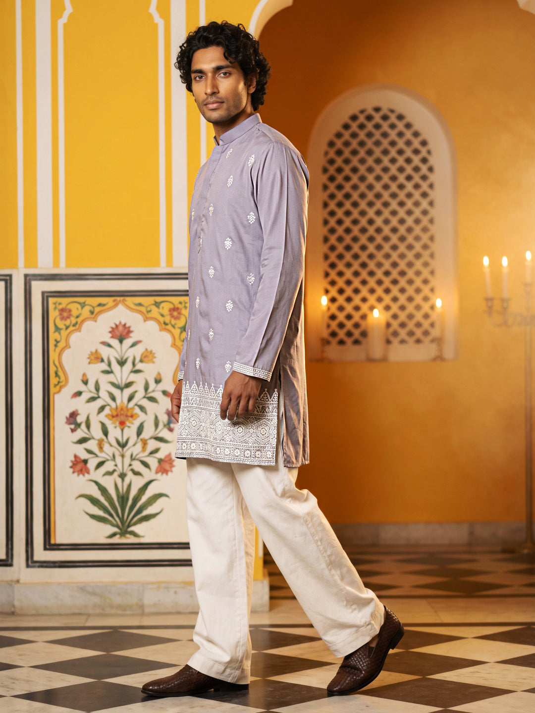 Floral Embroidered Kurta with Korean Pants ( 65KP PJ11W 5629Purple )