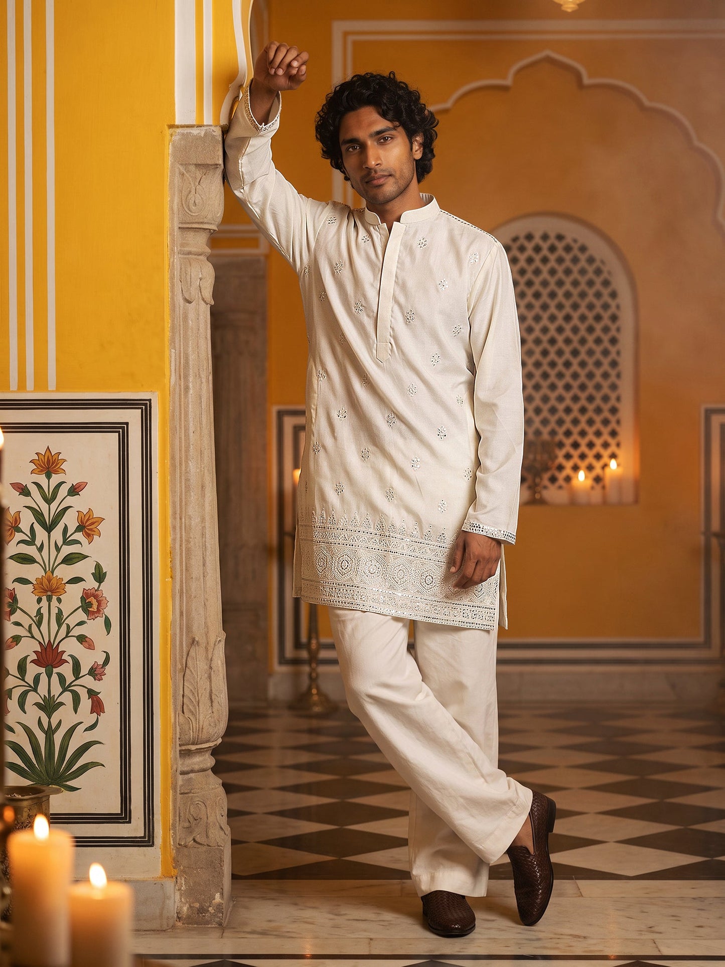 Floral Embroidered Kurta with Korean Pants ( 65KP PJ11W 5629White )