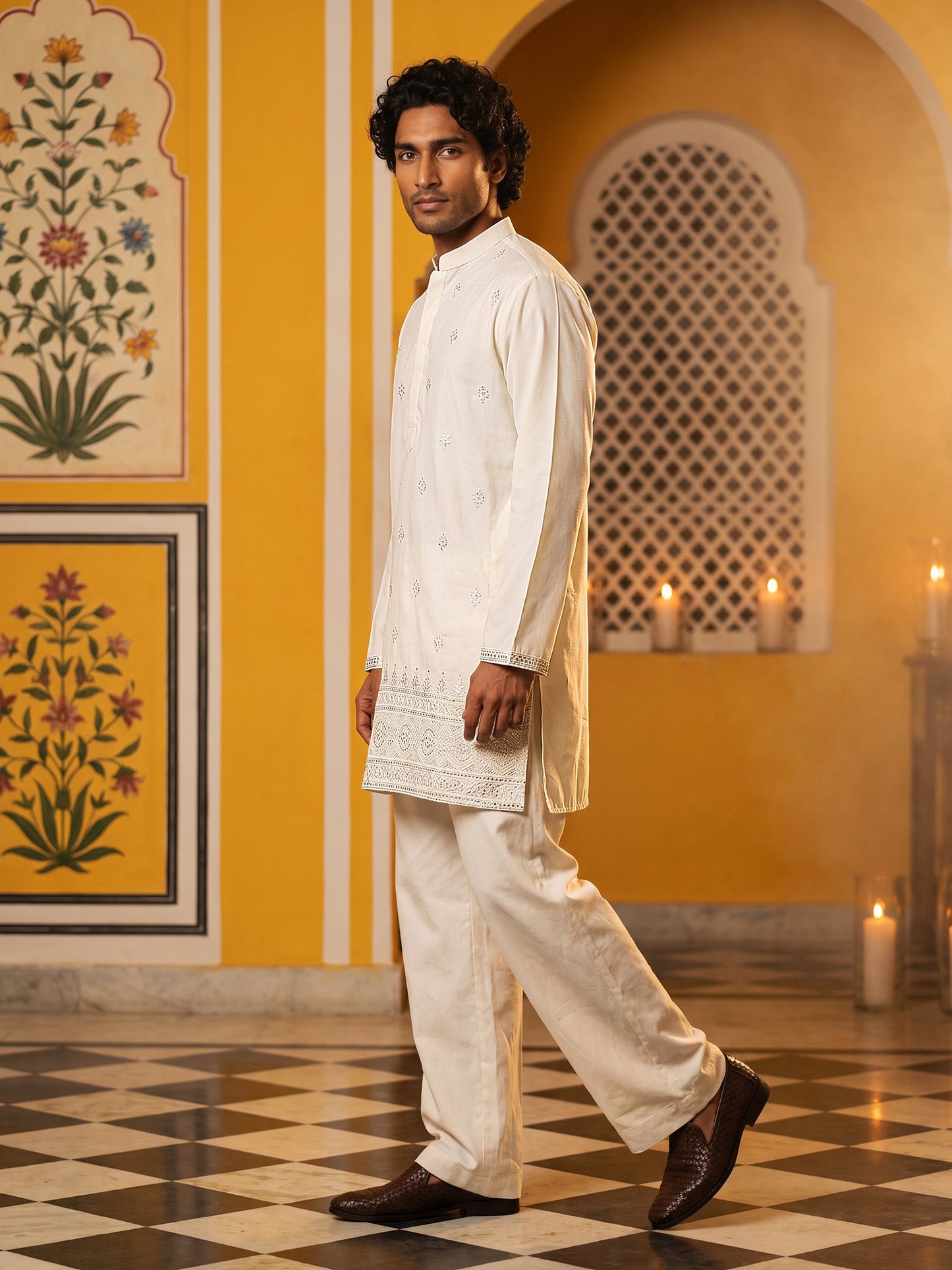 Floral Embroidered Kurta with Korean Pants ( 65KP PJ11W 5629White )