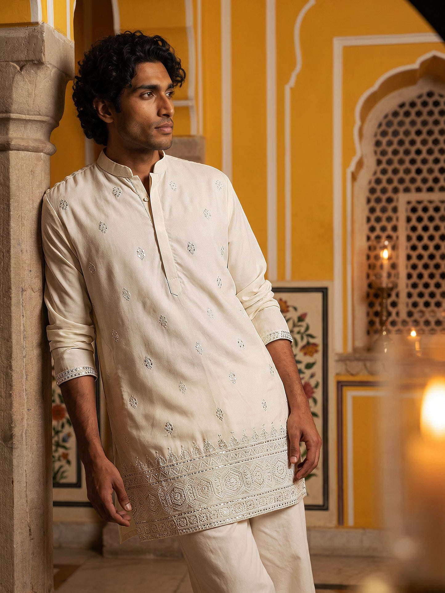 Floral Embroidered Kurta with Korean Pants ( 65KP PJ11W 5629White )