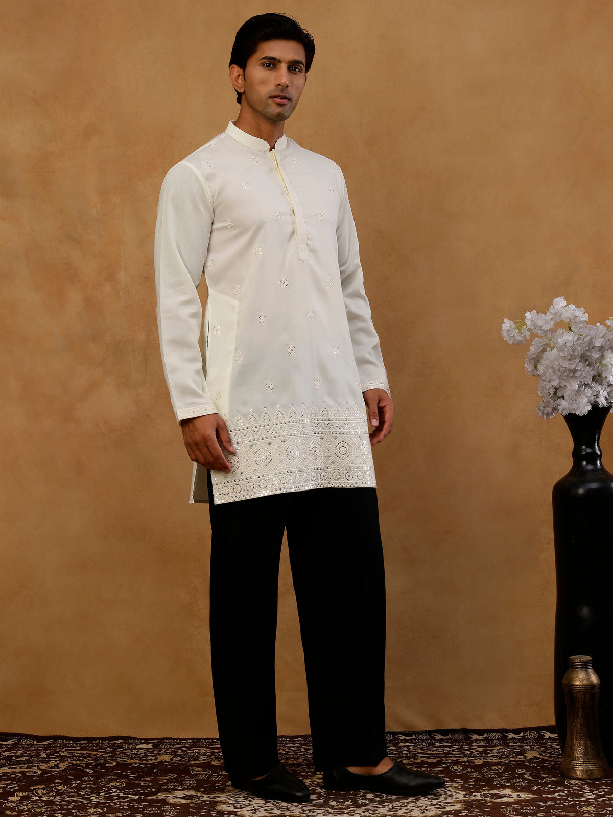 Floral Embroidered Kurta with Korean Pants ( 65KP PJ11B E 5629 White )