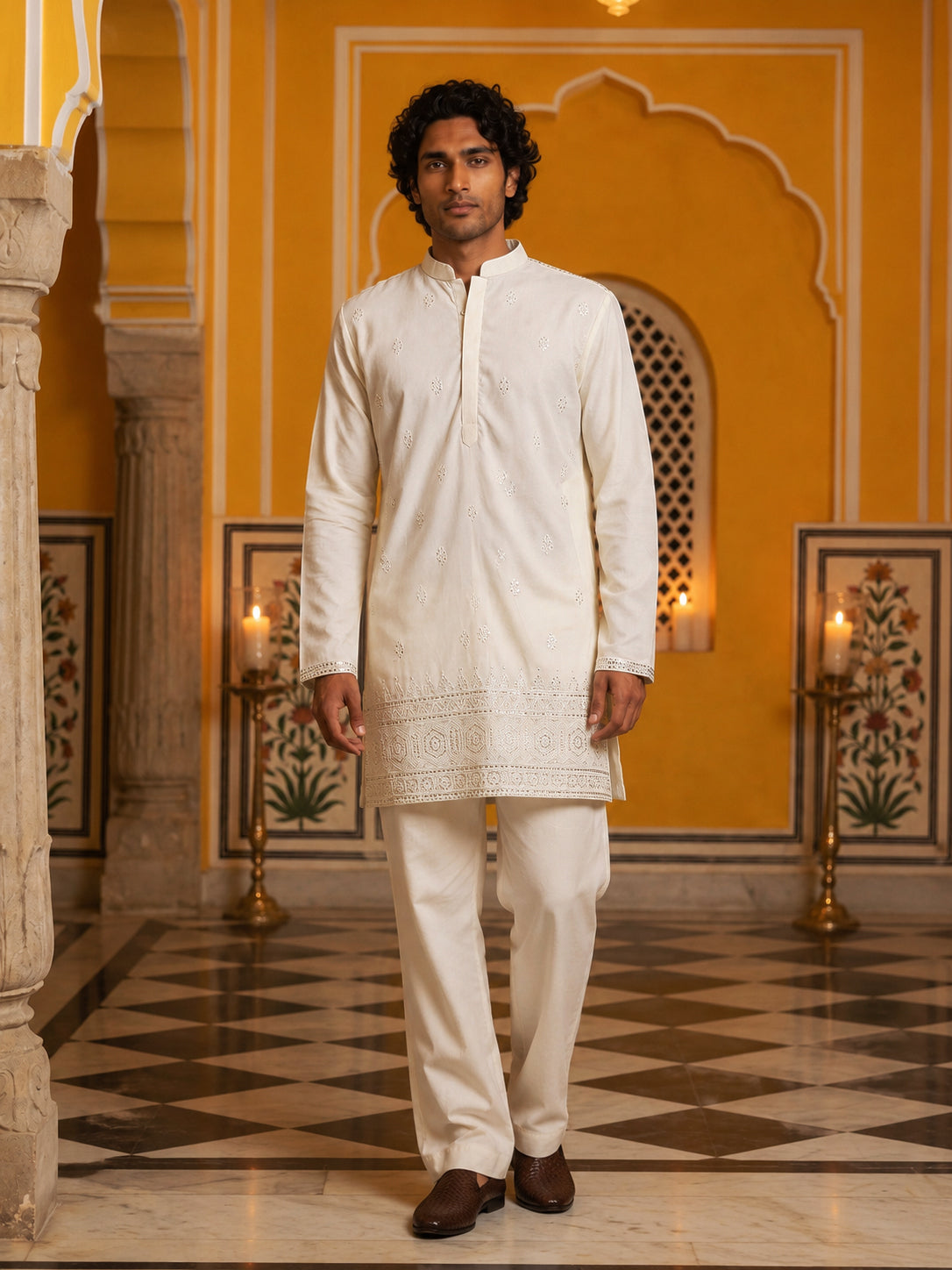 Floral Embroidered Kurta with Korean Pants ( 65KP PJ11W 5629White )
