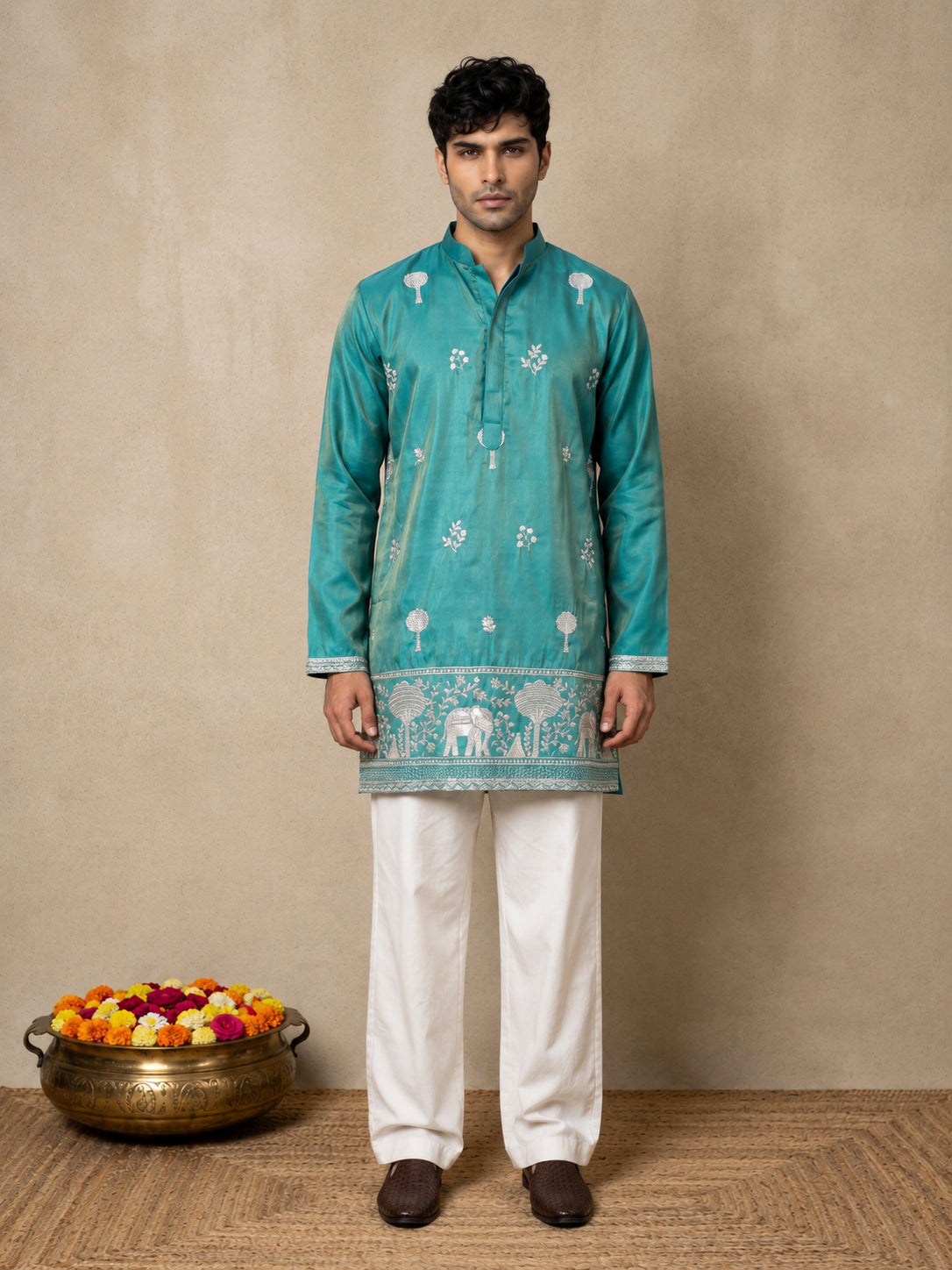 Embroidered Silk Blend Kurta with Korean Pants ( 65KP PJ11W S 5643 Green )