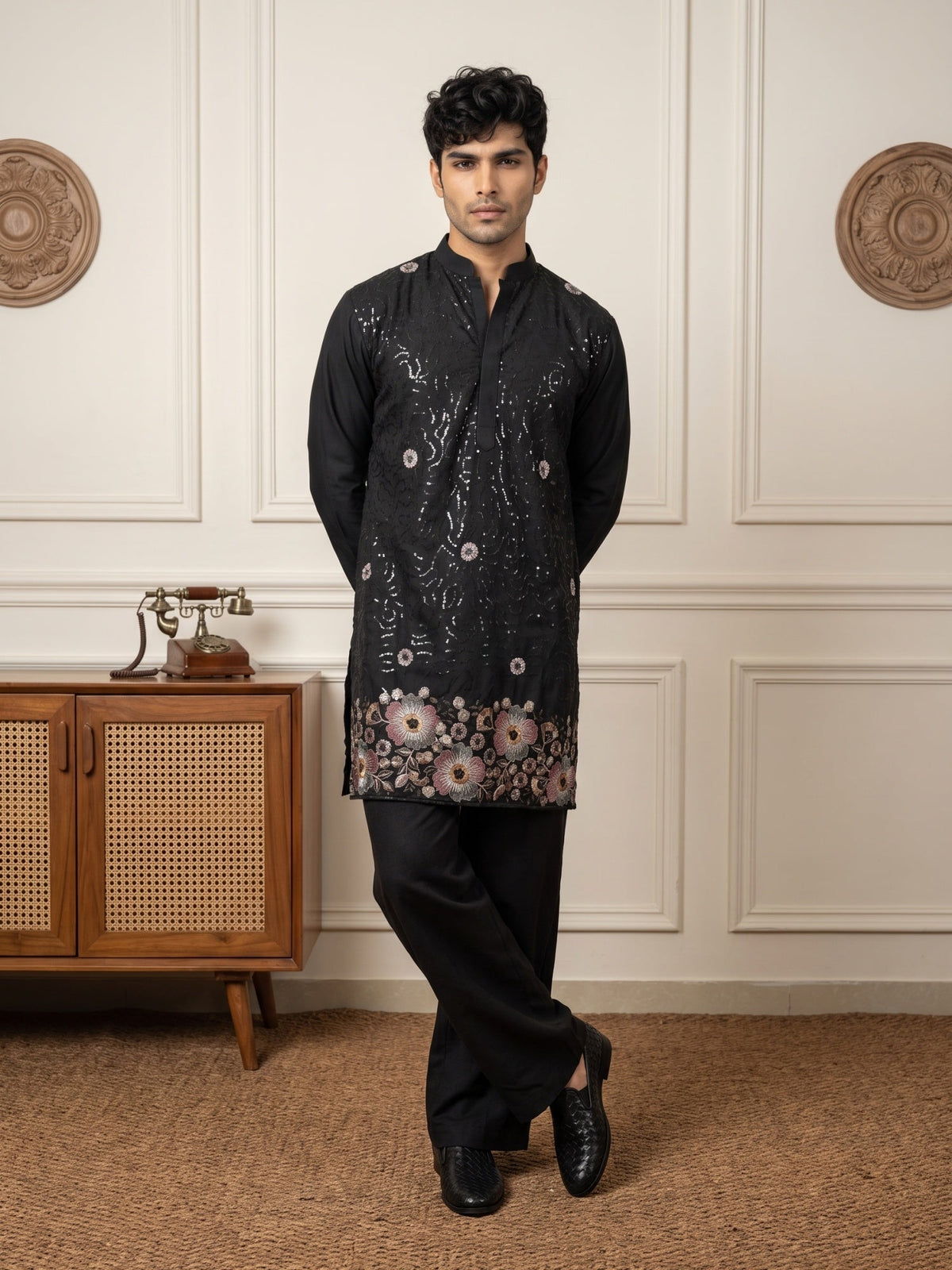 Silk Blend Embroidered & Sequin Kurta for Men ( 65KO 5644 Black )