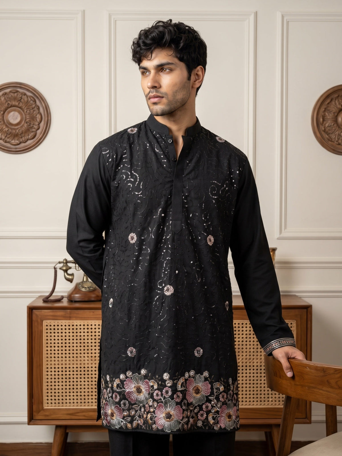 Silk Blend Embroidered & Sequin Kurta with Korean Pants ( 65KP PJ11B B 5644 Black )