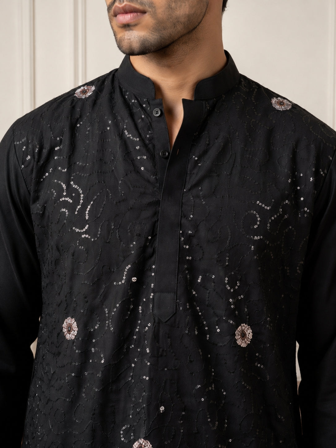 Silk Blend Embroidered & Sequin Kurta for Men ( 65KO 5644 Black )