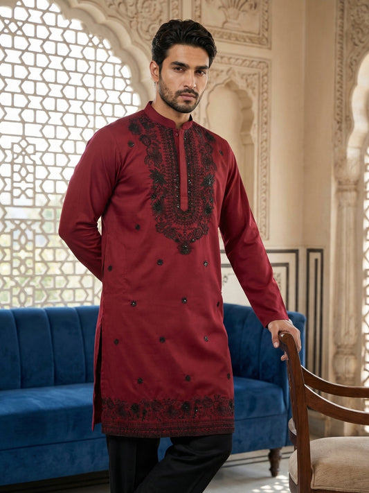 Men’s Classic Silk Blend Kurta Set with Rich Embroidery ( 65KP B-P 5530Maroon )