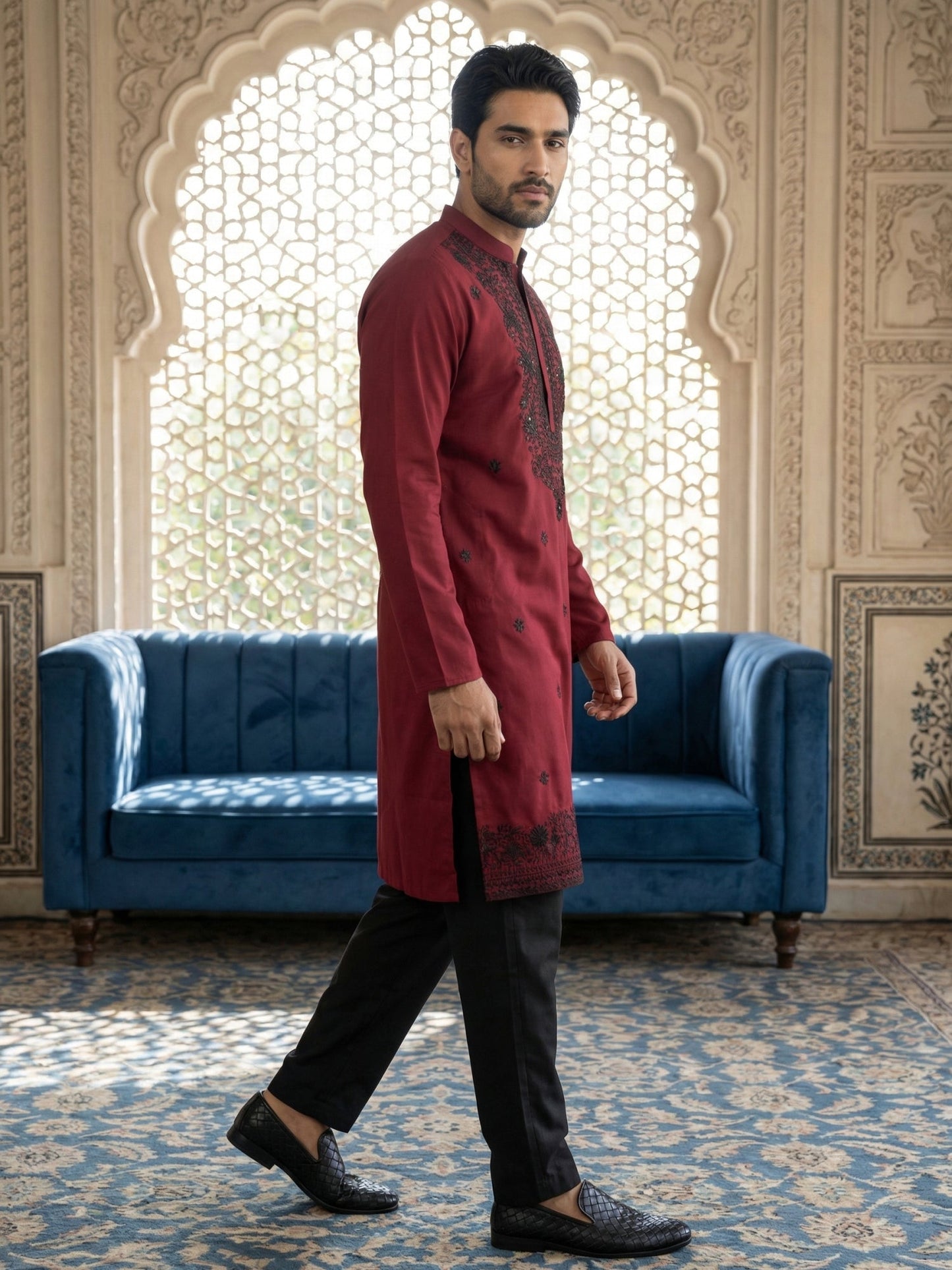 Men’s Classic Silk Blend Kurta Set with Rich Embroidery ( 65KP B-P 5530Maroon )
