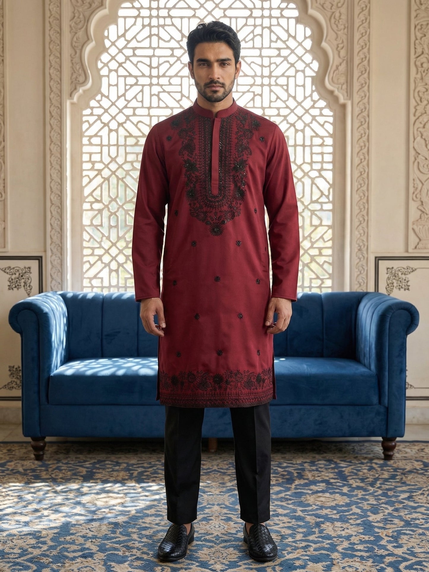 Men’s Classic Silk Blend Kurta Set with Rich Embroidery ( 65KP B-P 5530Maroon )