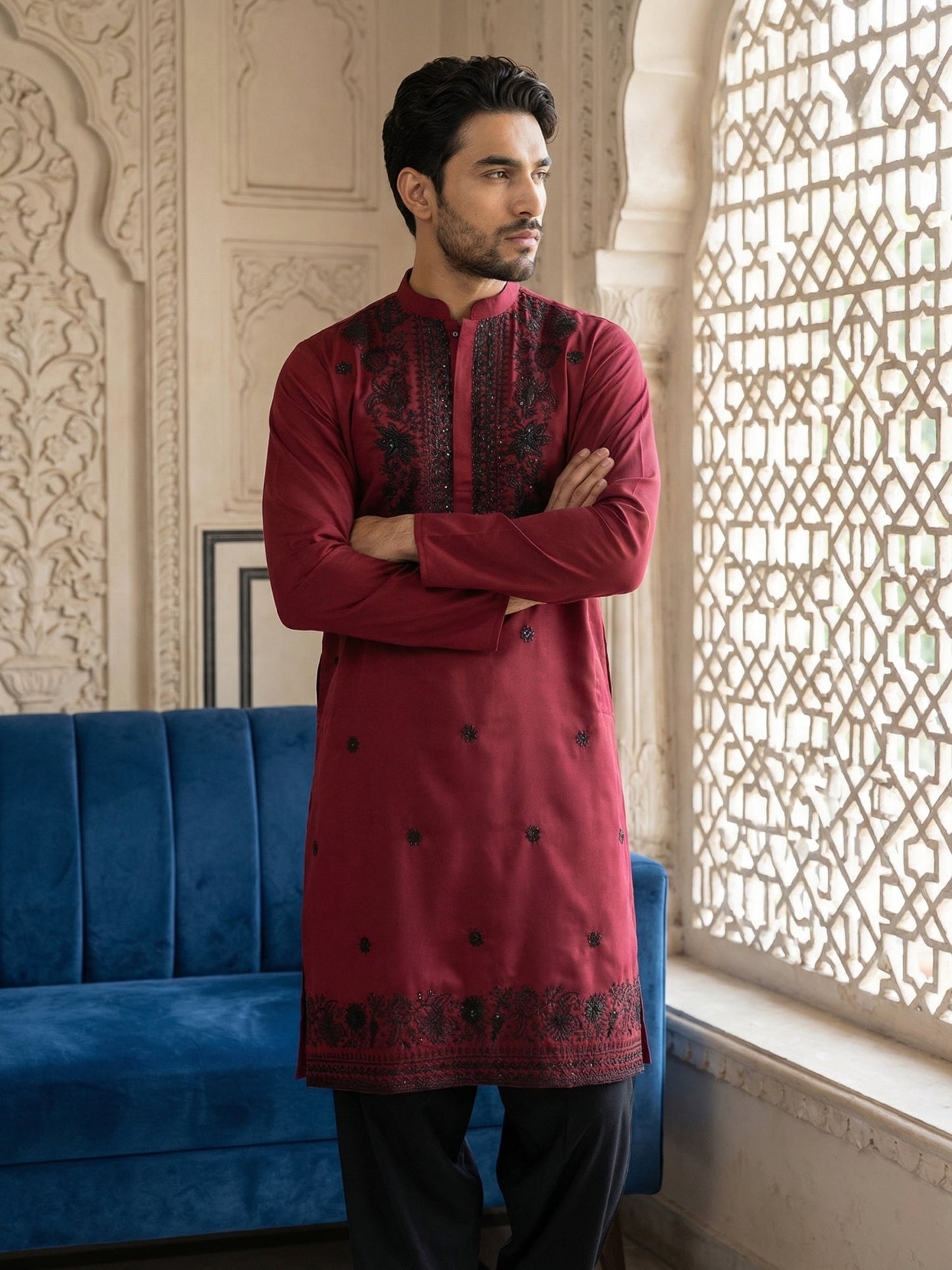 Men’s Classic Silk Blend Kurta Set with Rich Embroidery ( 65KP B-P 5530Maroon )