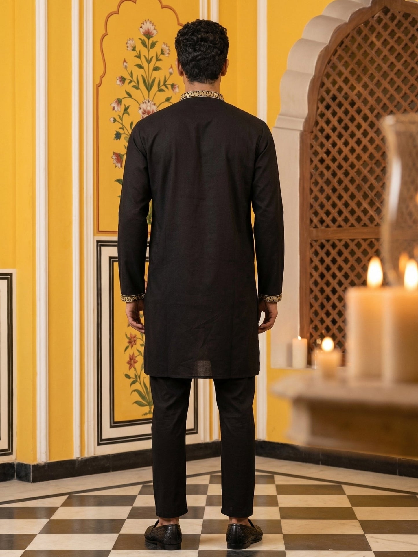Men’s Classic Kurta Set with Rich Hemline Embroidery ( 65KP B-P 5531Black )