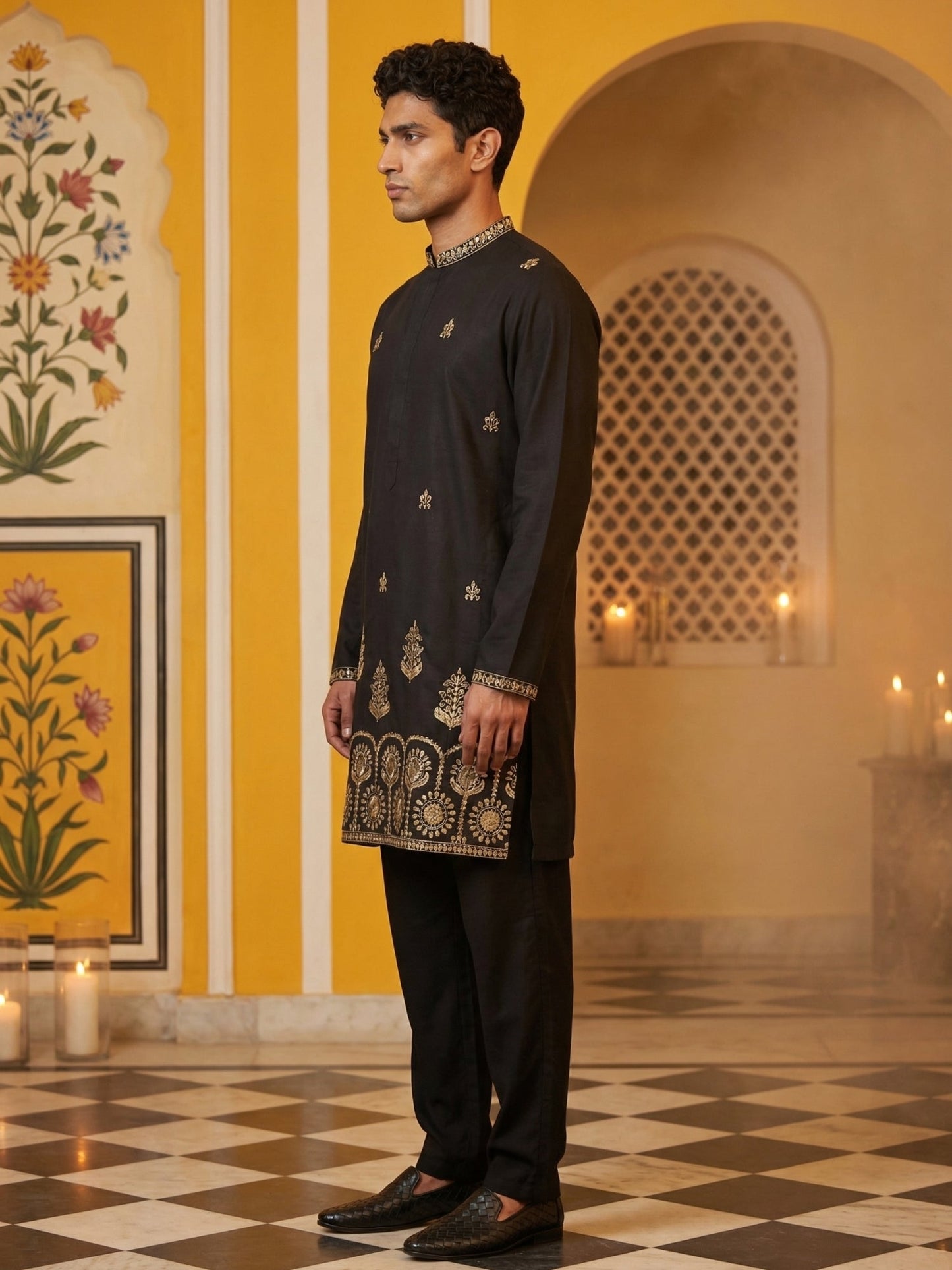 Men’s Classic Kurta Set with Rich Hemline Embroidery ( 65KP B-P 5531Black )