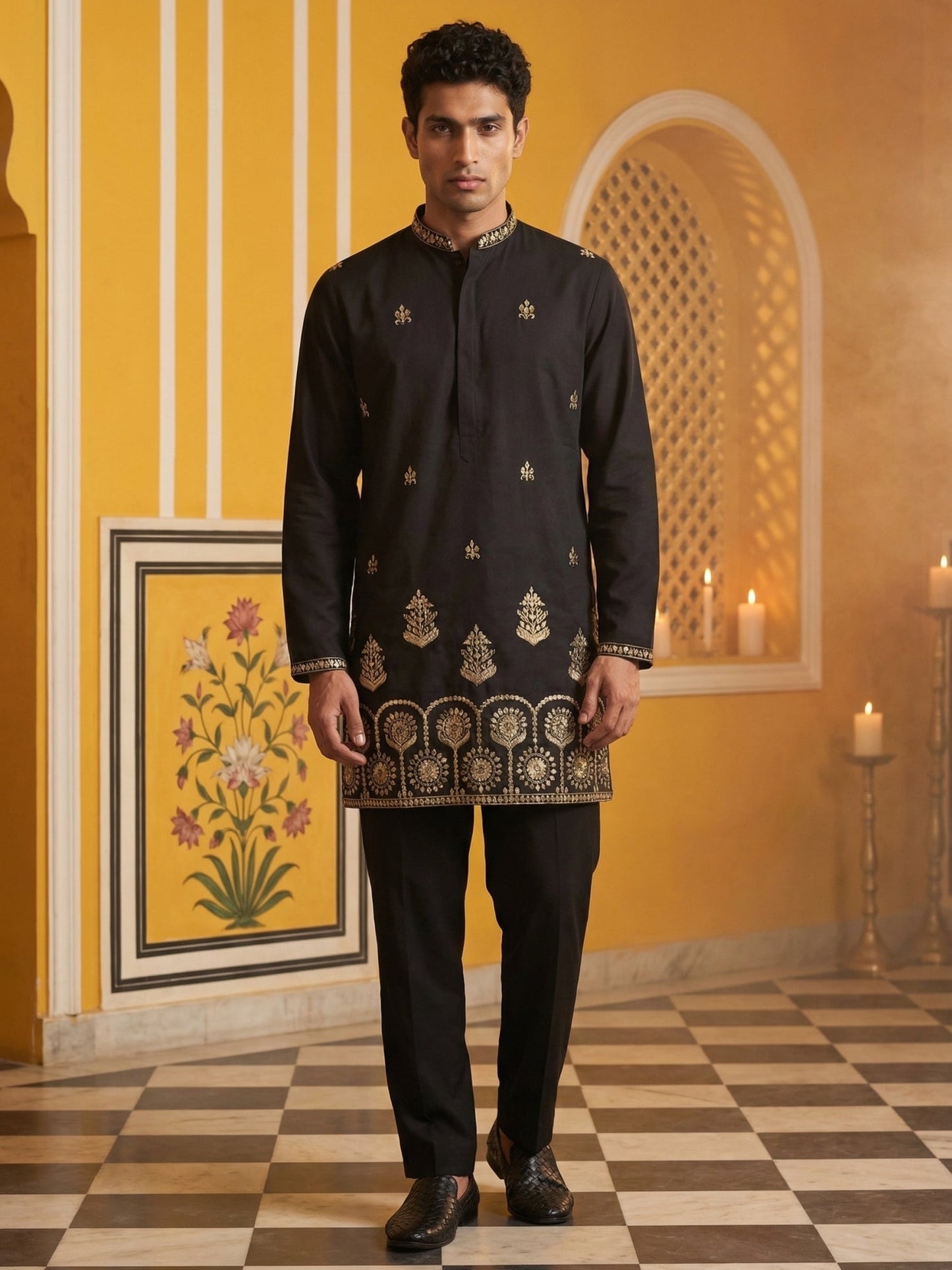 Men’s Classic Kurta Set with Rich Hemline Embroidery ( 65KP B-P 5531Black )