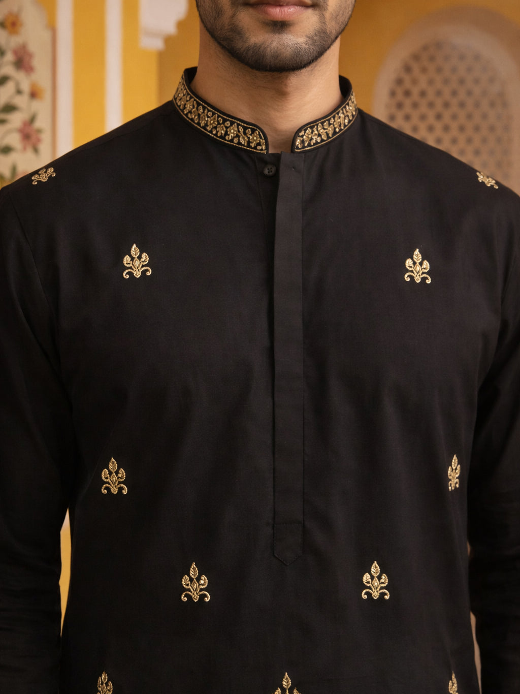 Men’s Classic Kurta Set with Rich Hemline Embroidery ( 65KP B-P 5531Black )