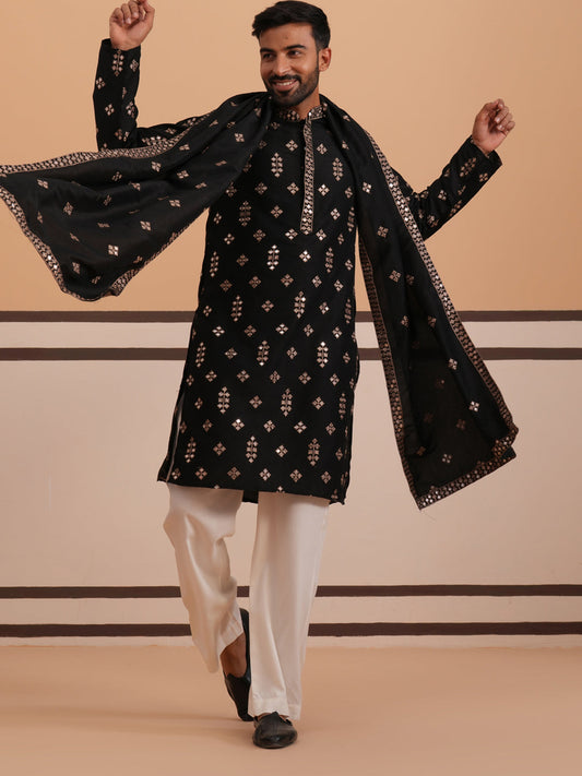 Silk Blend Embroidered Kurta Pyjama Set (65KP D-PJ11W 5355 Black )