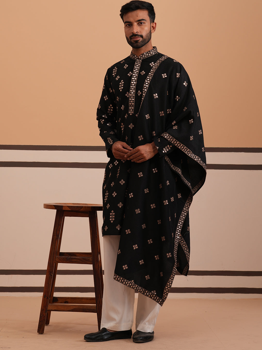 Silk Blend Embroidered Kurta Pyjama Set (65KP D-PJ11W 5355 Black )