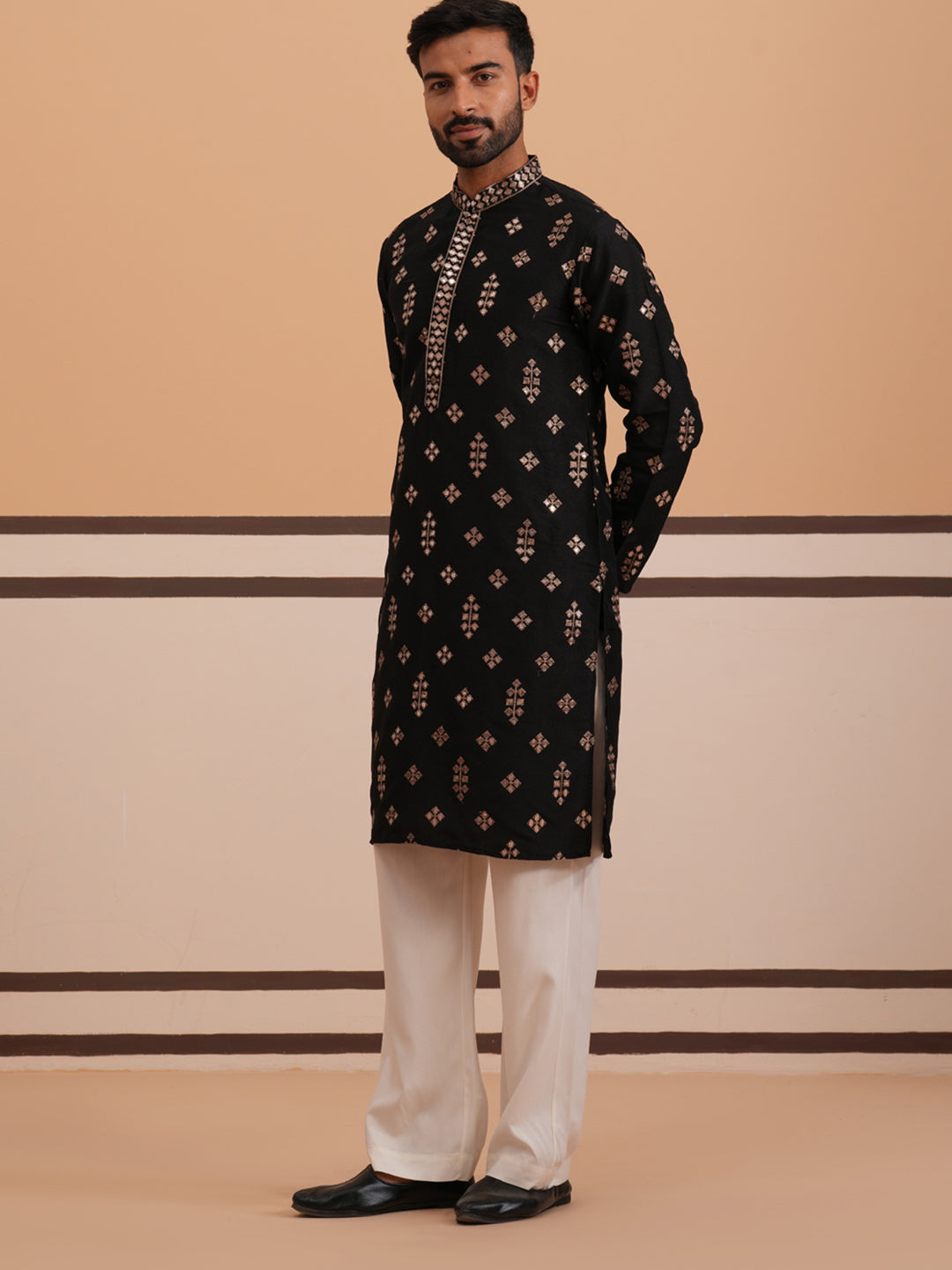 Silk Blend Embroidered Kurta Pyjama Set (65KP D-PJ11W 5355 Black )
