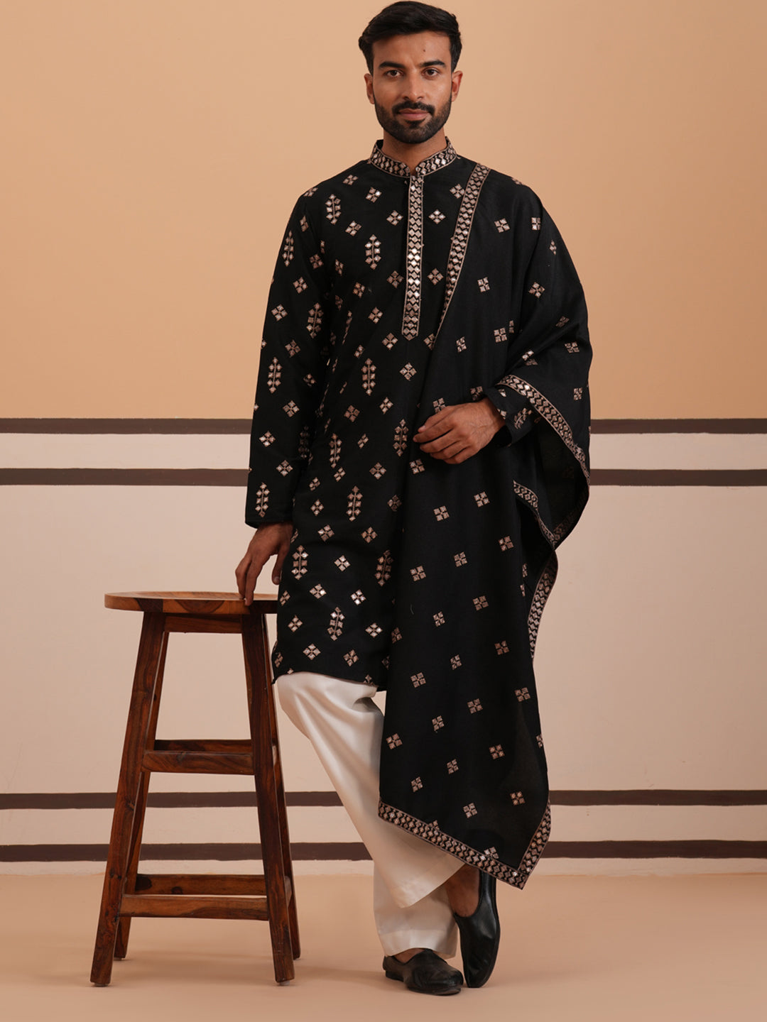 Silk Blend Embroidered Kurta Pyjama Set (65KP D-PJ11W 5355 Black )
