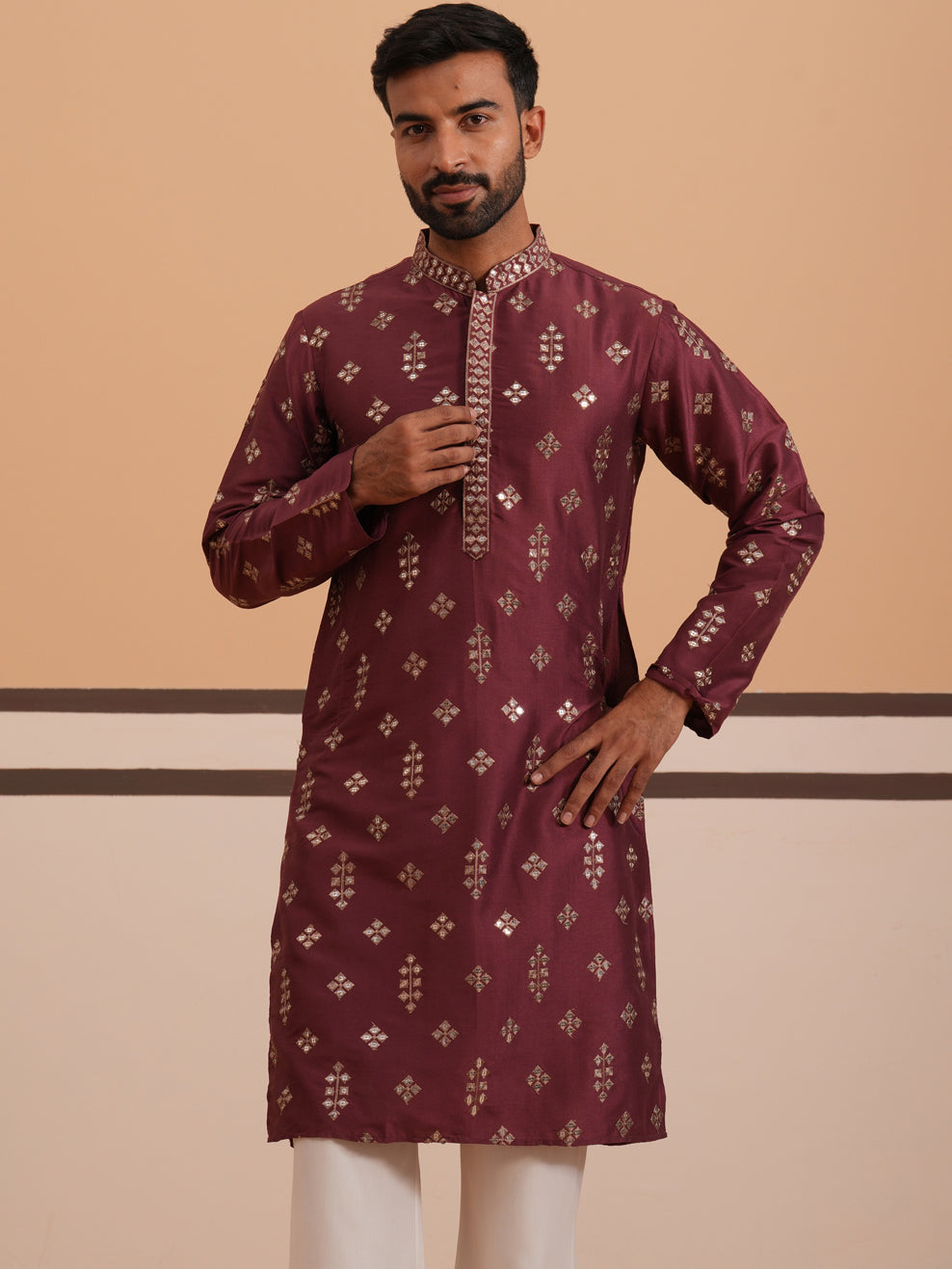 Silk Blend Embroidered Kurta Pyjama Set ( 65KP D-PJ11W 5355 D-PJ11W 5355Maroon )