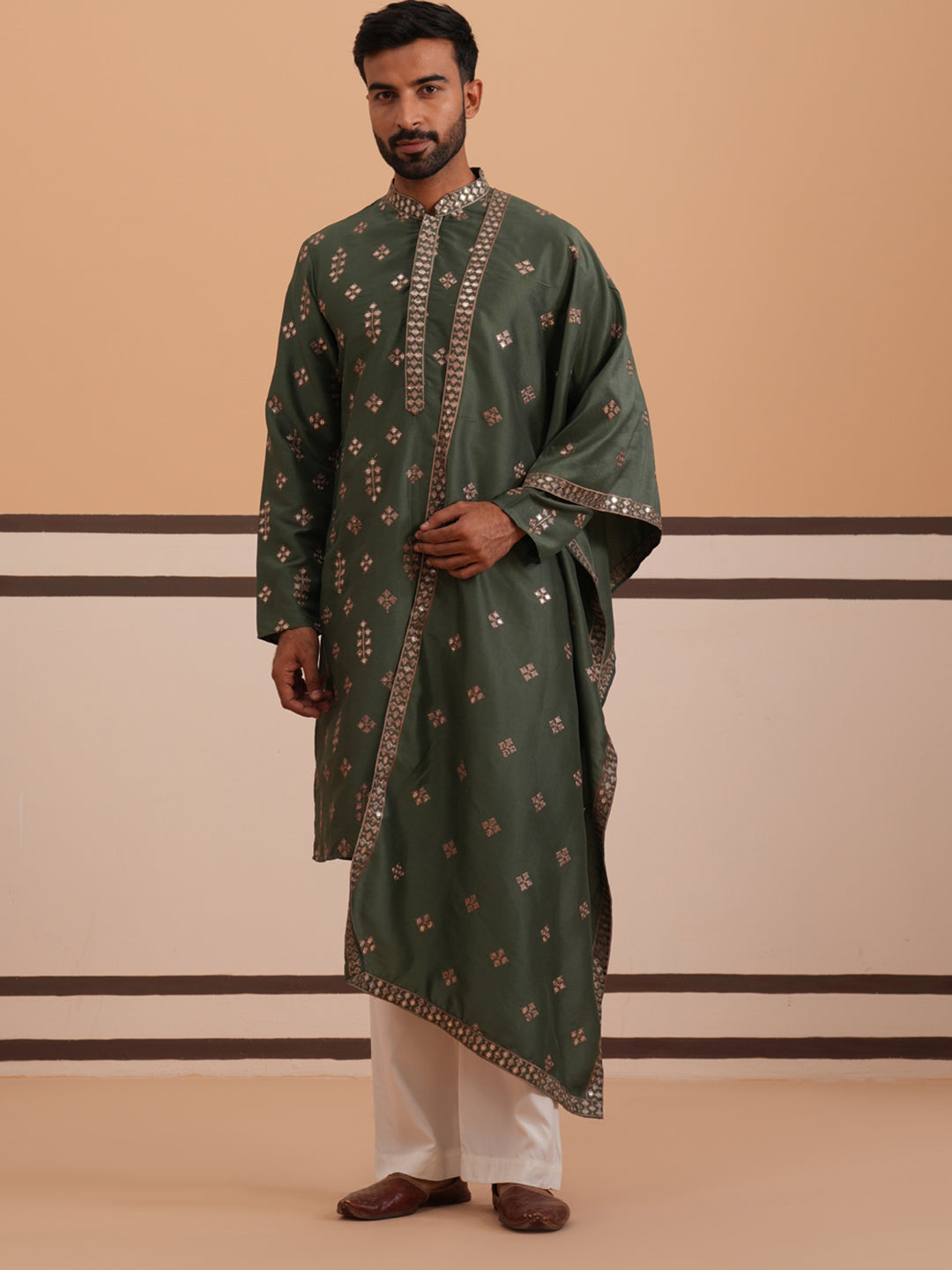 Silk Blend Embroidered Kurta Pyjama Set ( 65KP D-PJ11W 5355 D-PJ11W 5355Olive )