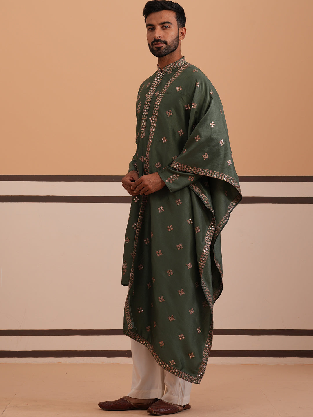 Silk Blend Embroidered Kurta Pyjama Set ( 65KP D-PJ11W 5355 D-PJ11W 5355Olive )