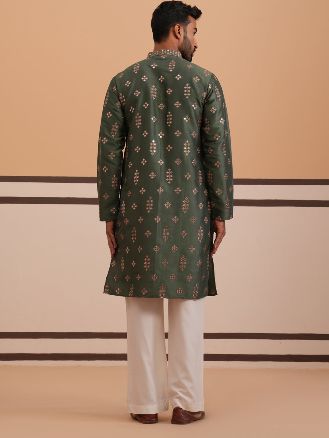 Silk Blend Embroidered Kurta Pyjama Set ( 65KP D-PJ11W 5355 D-PJ11W 5355Olive )