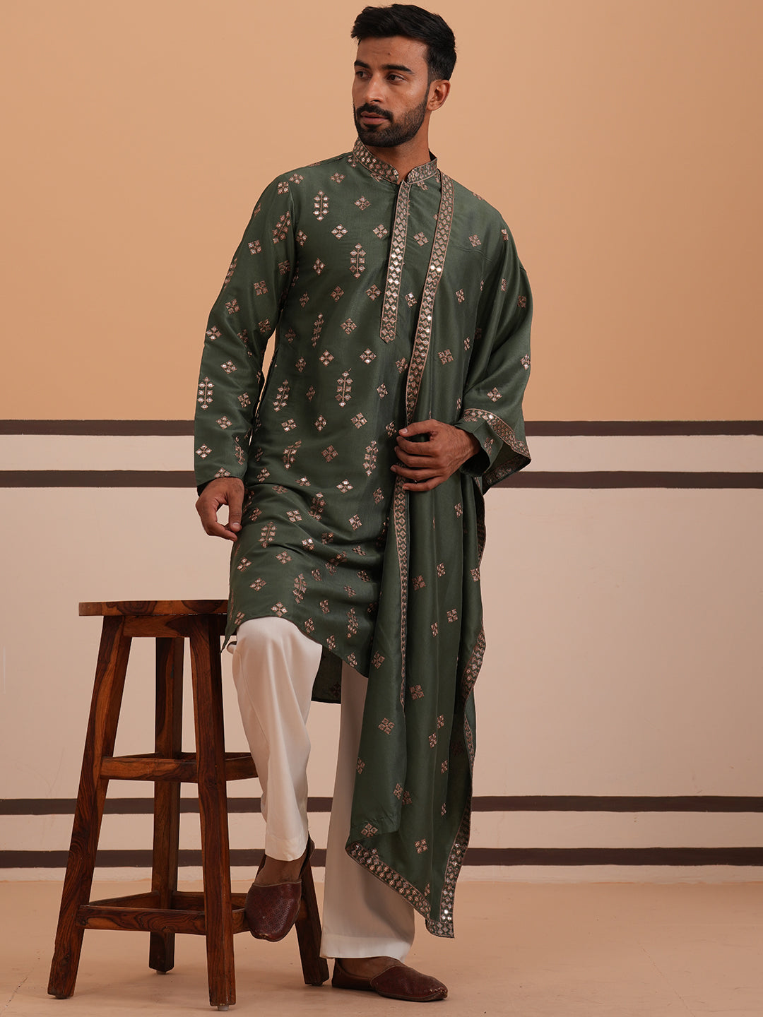 Silk Blend Embroidered Kurta Pyjama Set ( 65KP D-PJ11W 5355 D-PJ11W 5355Olive )