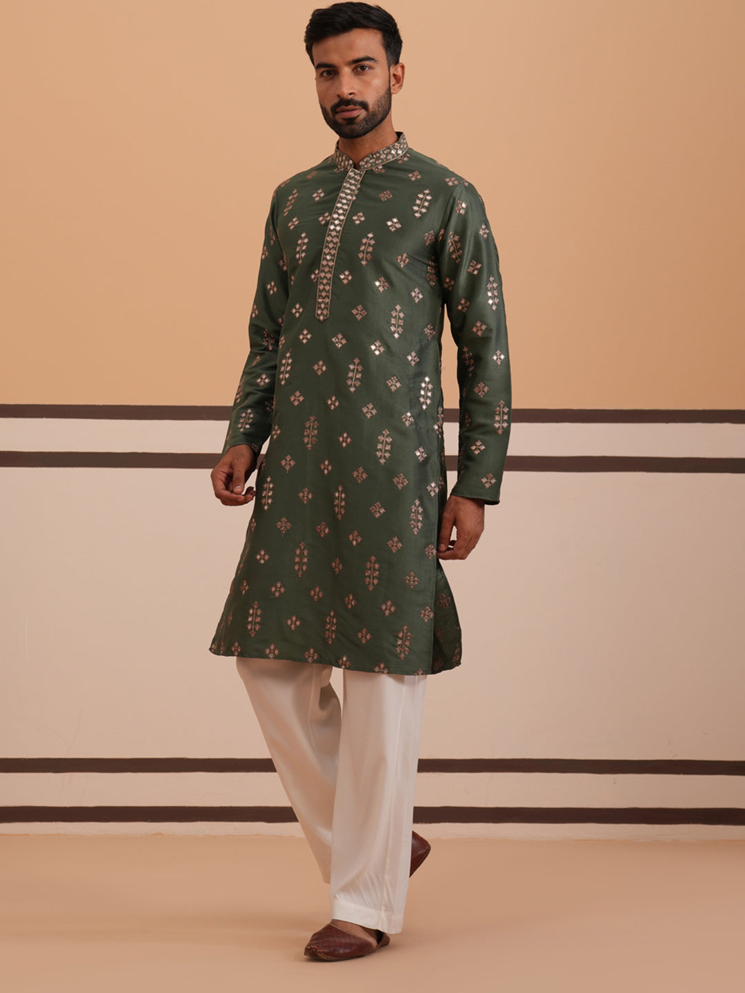 Silk Blend Embroidered Kurta Pyjama Set ( 65KP D-PJ11W 5355 D-PJ11W 5355Olive )
