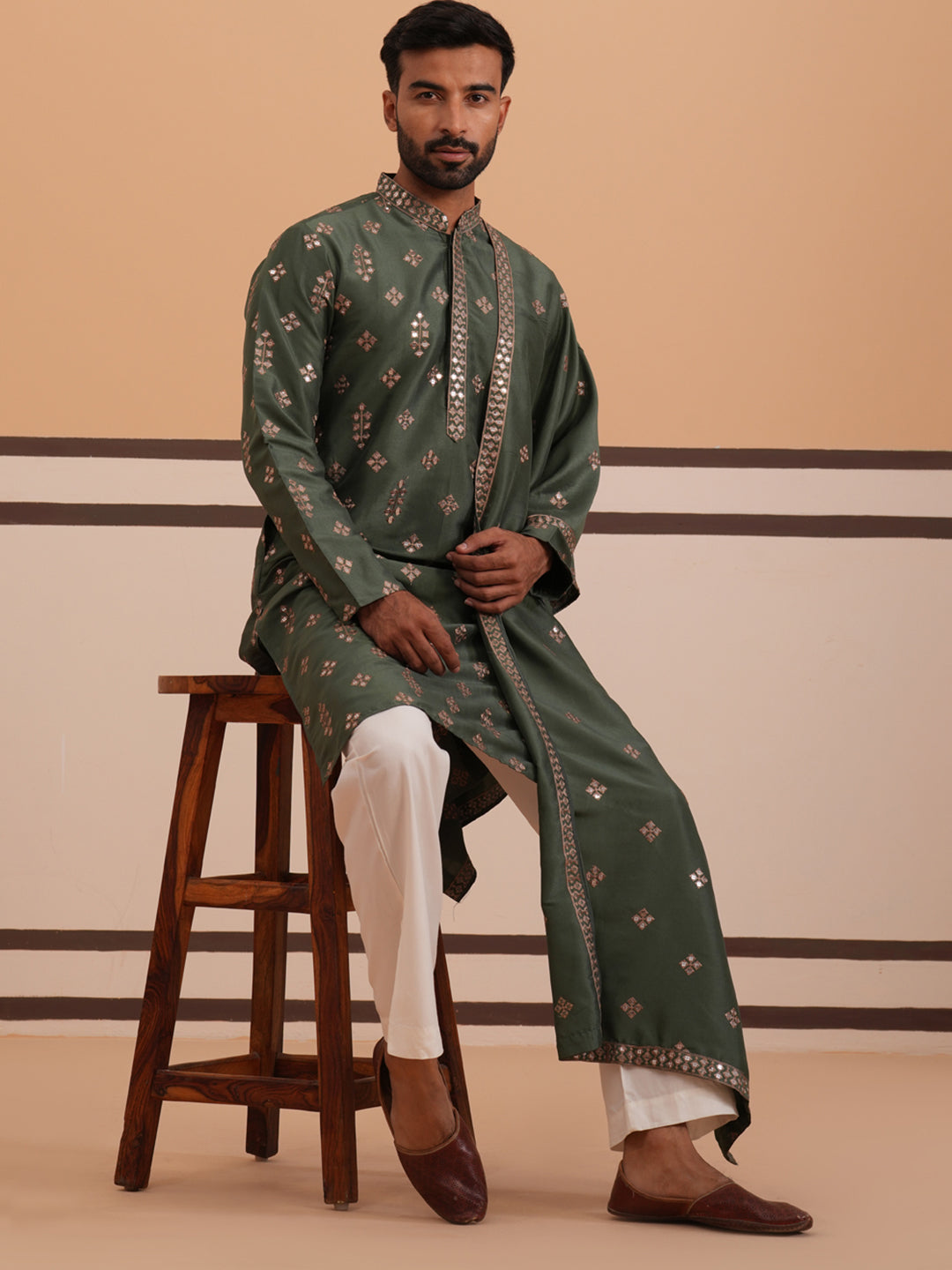 Silk Blend Embroidered Kurta Pyjama Set ( 65KP D-PJ11W 5355 D-PJ11W 5355Olive )
