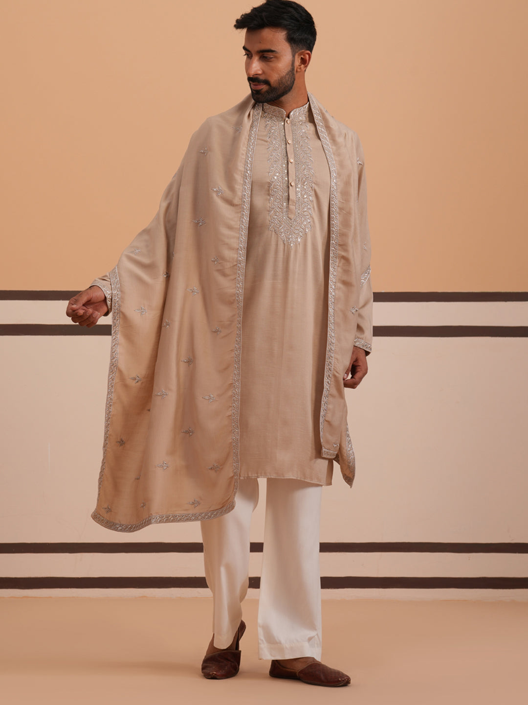 Silk Blend Kurta Set with Matching Embroidered Dupatta (65KP D-PJ11W 5375 Beige )