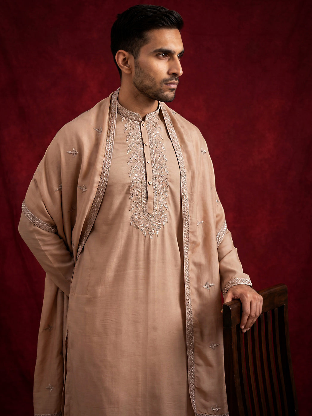 Silk Blend Kurta & Korean Pants with Embroidered Dupatta ( 65KP D-P11W 5375Beige )