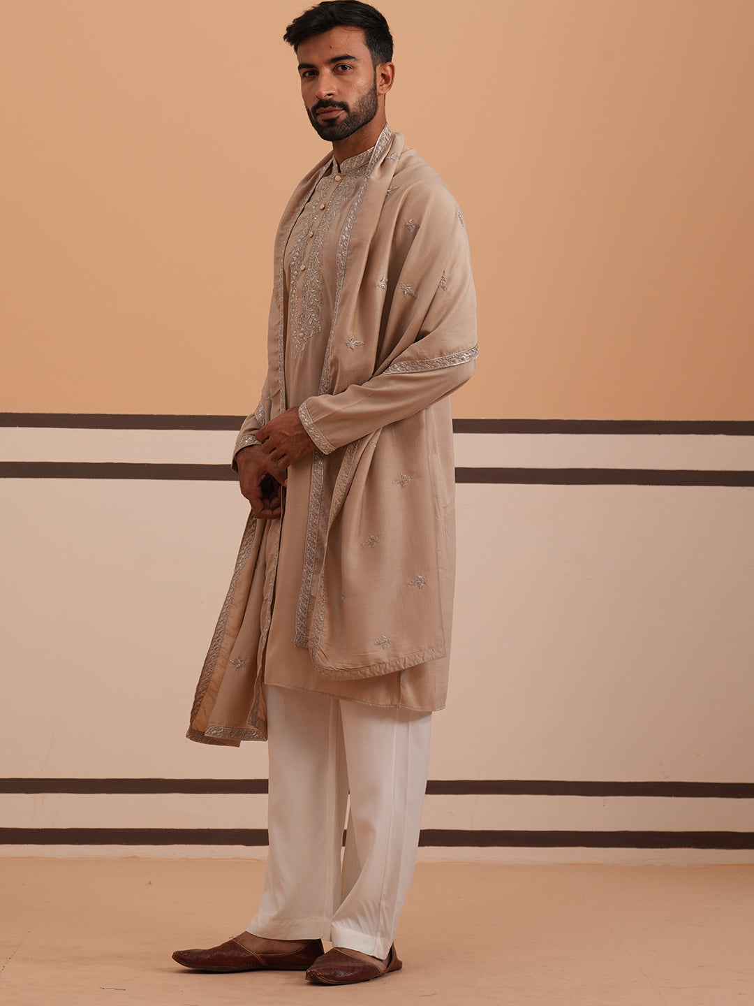 Silk Blend Kurta Set with Matching Embroidered Dupatta (65KP D-PJ11W 5375 Beige )