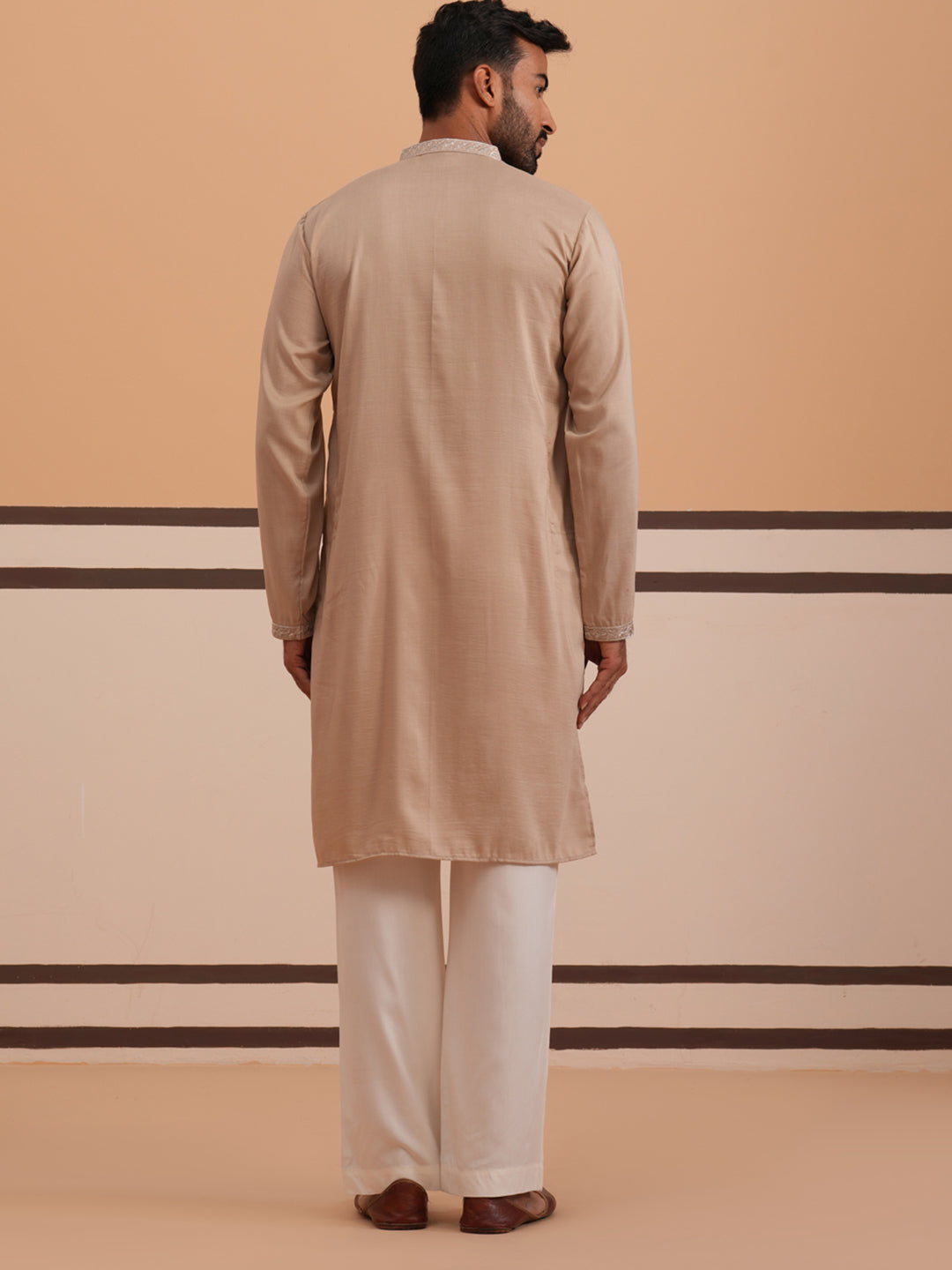 Silk Blend Kurta Set with Matching Embroidered Dupatta (65KP D-PJ11W 5375 Beige )