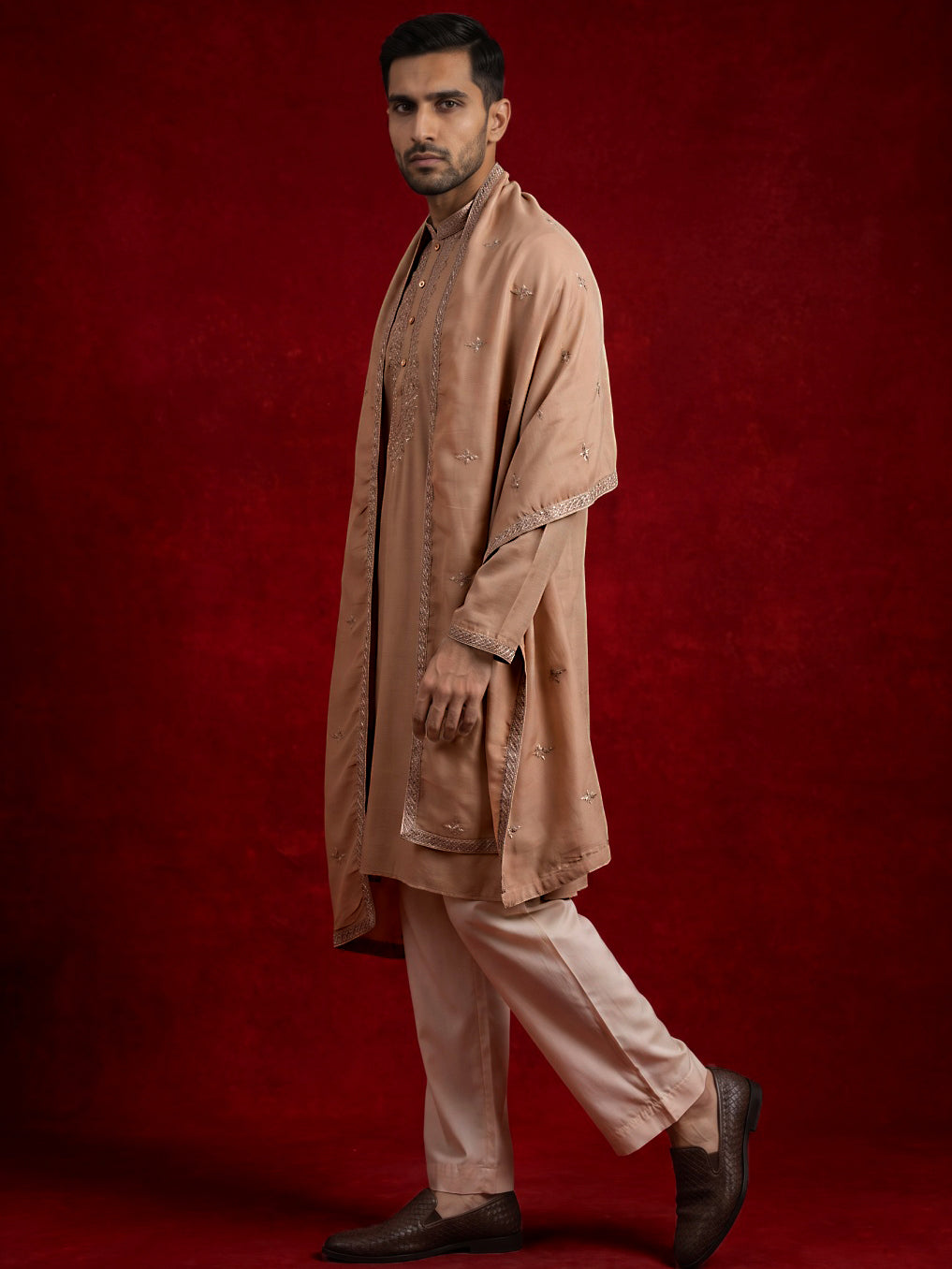 Silk Blend Kurta & Korean Pants with Embroidered Dupatta ( 65KP D-P11W 5375Beige )