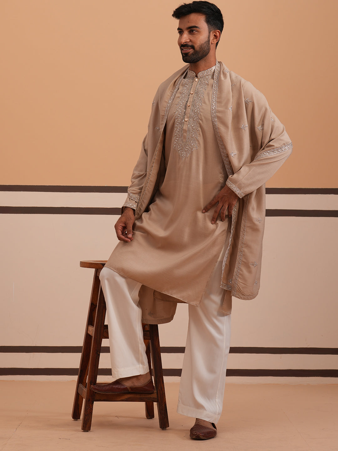 Silk Blend Kurta Set with Matching Embroidered Dupatta (65KP D-PJ11W 5375 Beige )