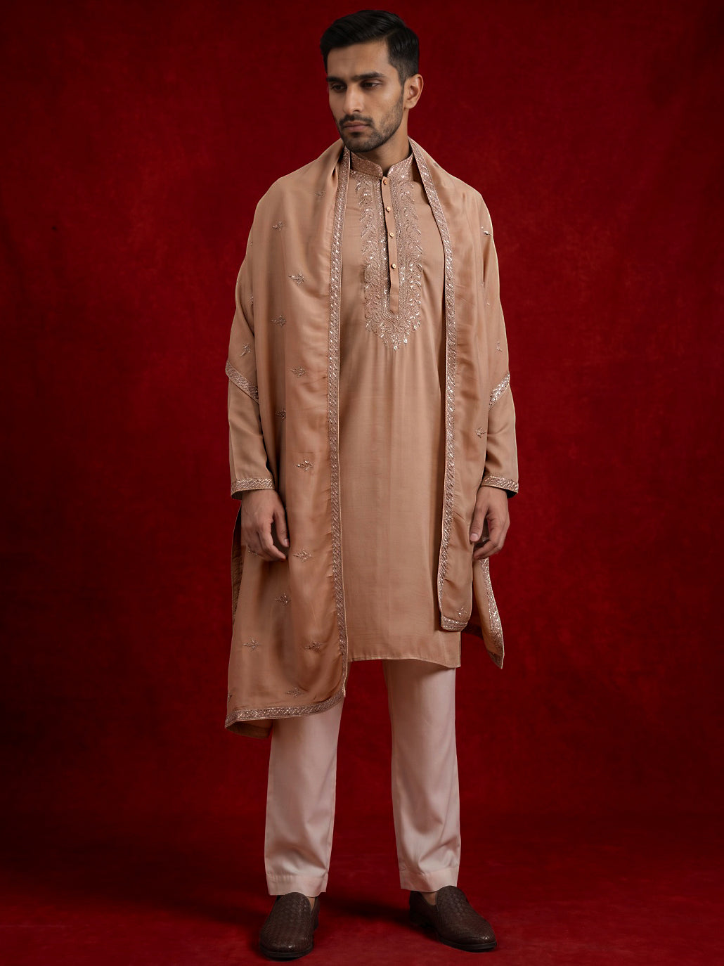 Silk Blend Kurta & Korean Pants with Embroidered Dupatta ( 65KP D-P11W 5375Beige )