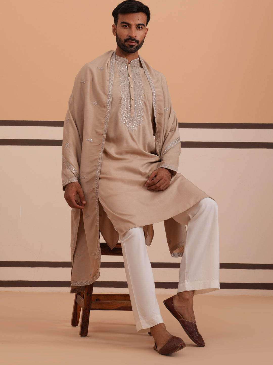 Silk Blend Kurta Set with Matching Embroidered Dupatta (65KP D-PJ11W 5375 Beige )