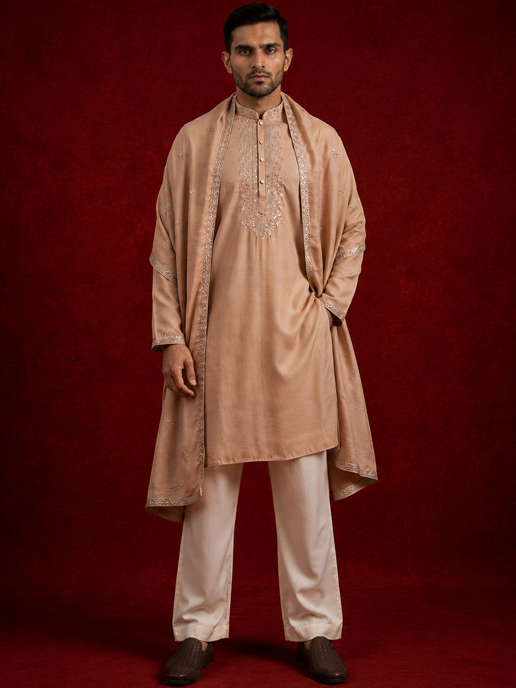 Silk Blend Kurta & Korean Pants with Embroidered Dupatta ( 65KP D-P11W 5375Beige )