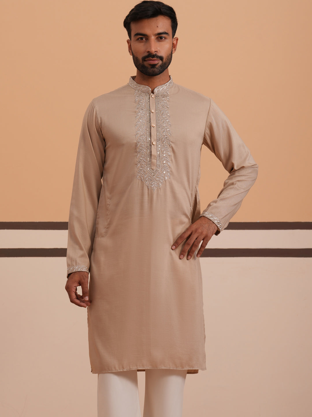 Silk Blend Kurta Set with Matching Embroidered Dupatta (65KP D-PJ11W 5375 Beige )