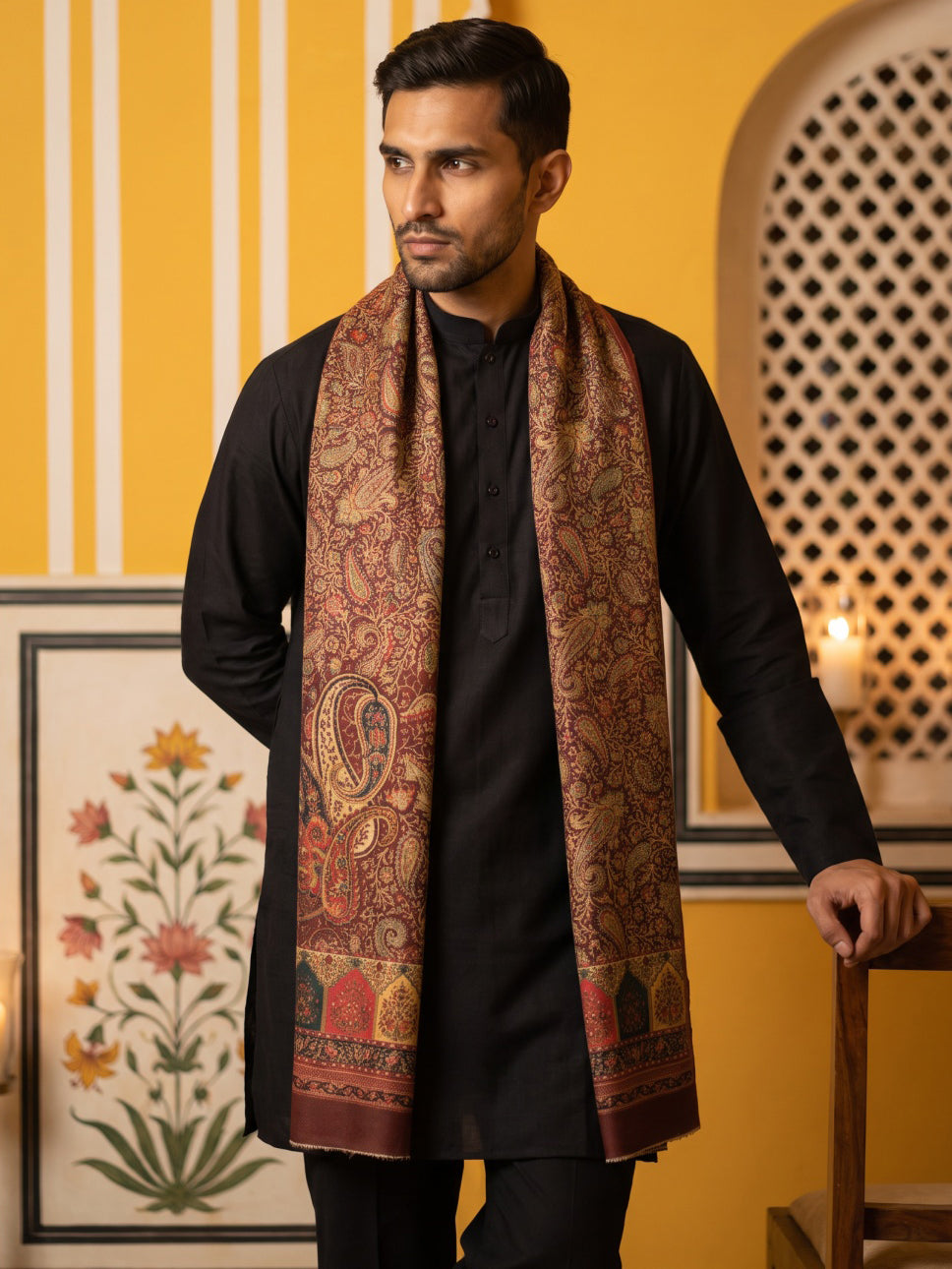 Men Silk Blend Solid Kurta Set with Paisley Printed Dupatta ( 65KP DM-M2 5586Black ) [FF] [WAISTCOAT]