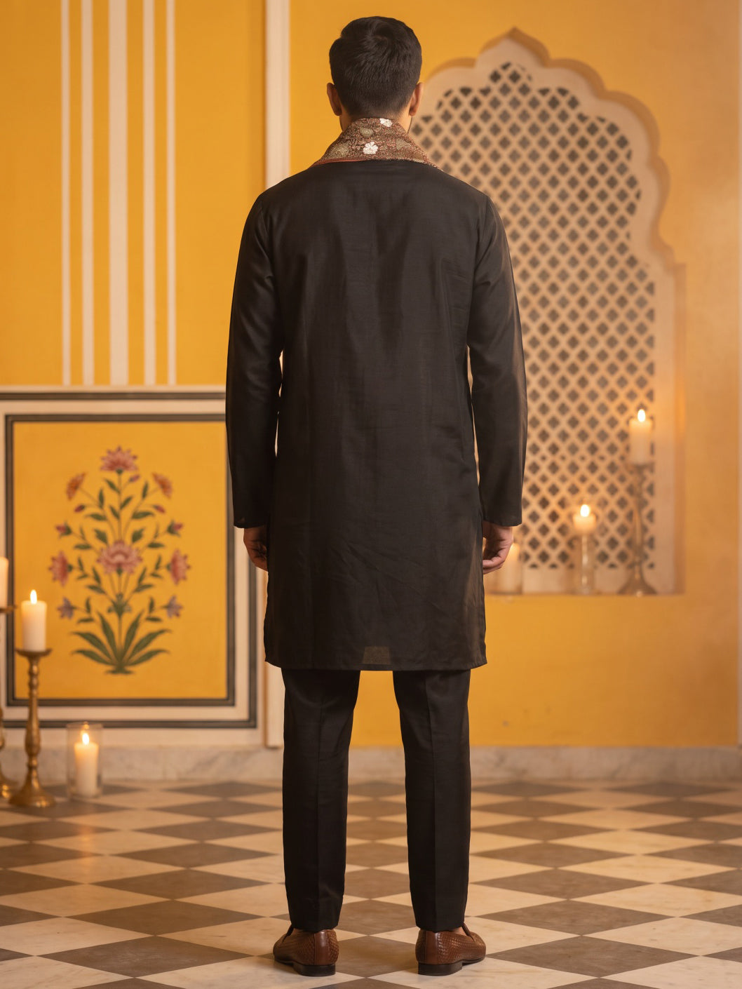Men Silk Blend Solid Kurta Set with Paisley Printed Dupatta ( 65KP DM-M2 5586Black ) [FF] [WAISTCOAT]
