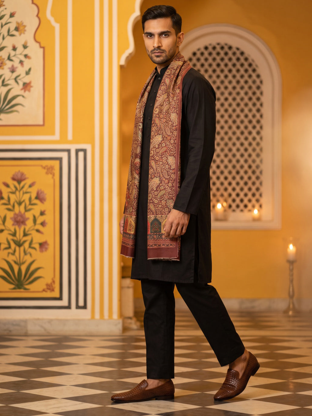 Men Silk Blend Solid Kurta Set with Paisley Printed Dupatta ( 65KP DM-M2 5586Black ) [FF] [WAISTCOAT]