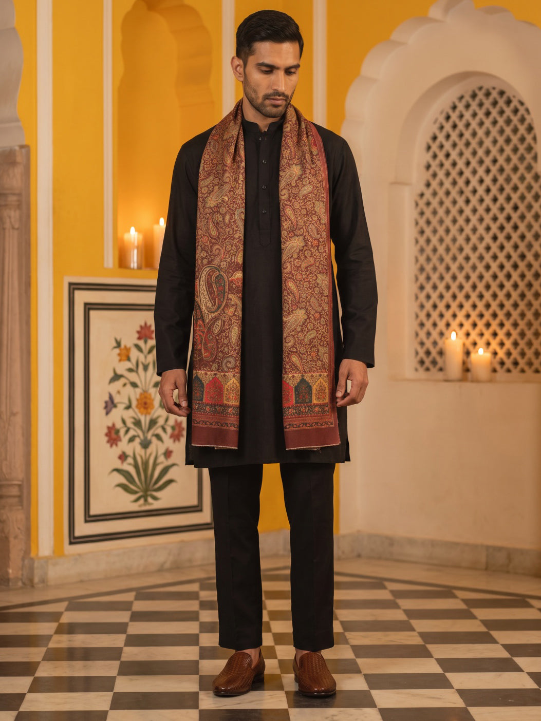 Men Silk Blend Solid Kurta Set with Paisley Printed Dupatta ( 65KP DM-M2 5586Black ) [FF] [WAISTCOAT]