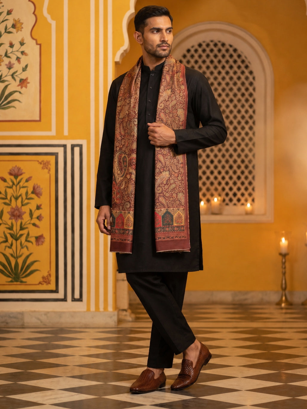 Men Silk Blend Solid Kurta Set with Paisley Printed Dupatta ( 65KP DM-M2 5586Black ) [FF] [WAISTCOAT]