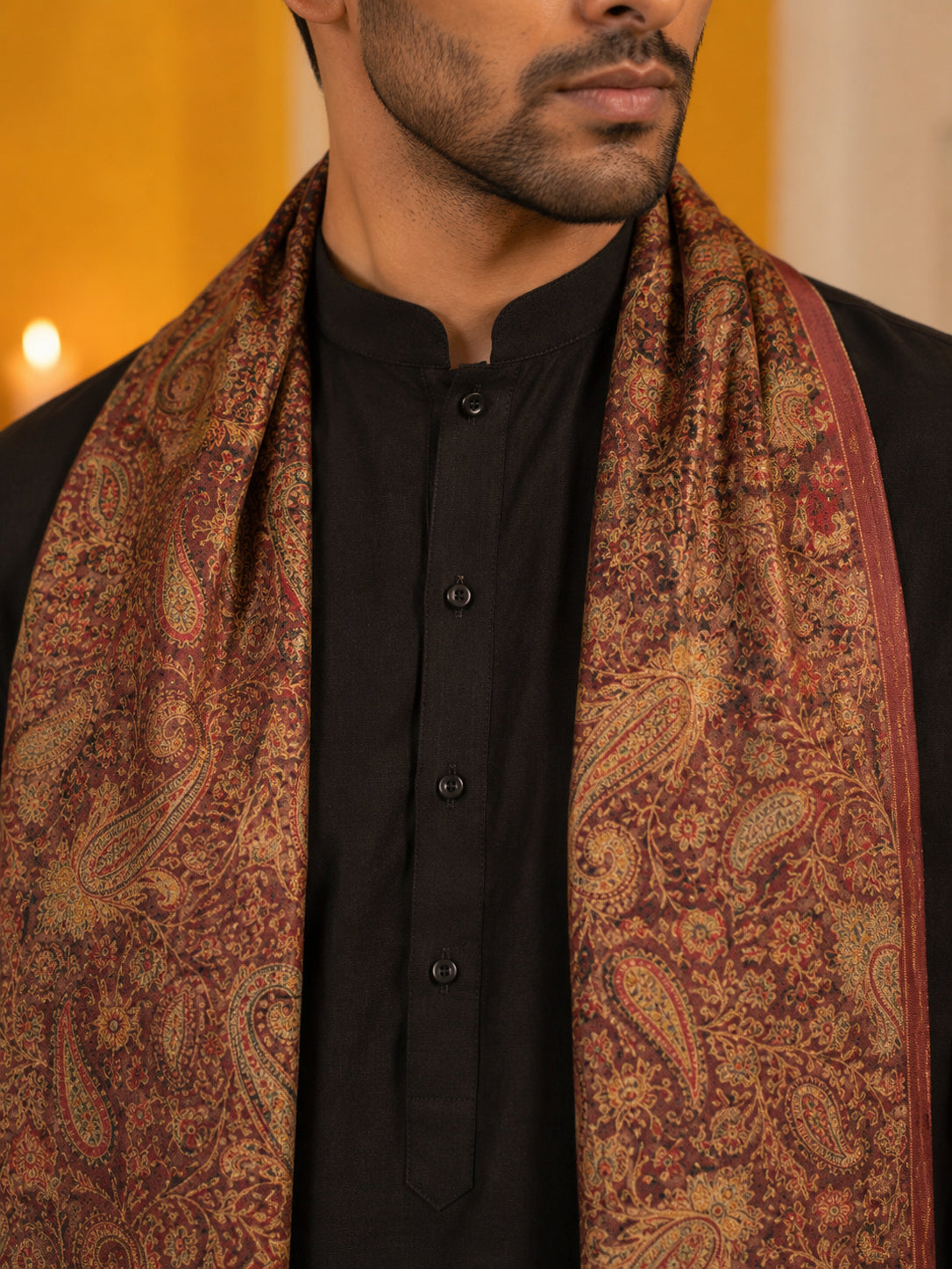 Men Silk Blend Solid Kurta Set with Paisley Printed Dupatta ( 65KP DM-M2 5586Black ) [FF] [WAISTCOAT]
