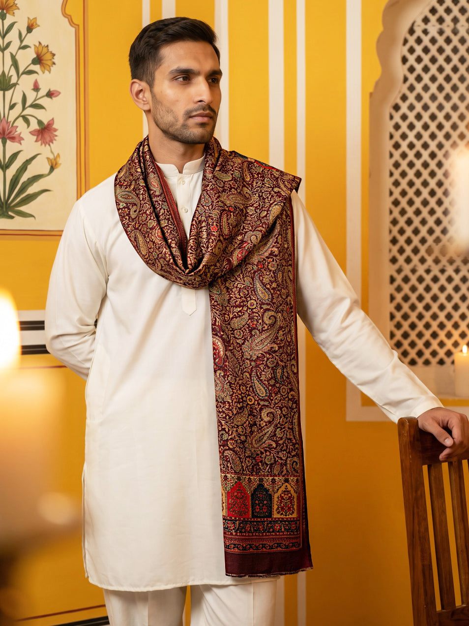 Men Silk Blend Solid Kurta Set with Paisley Printed Dupatta ( 65KP DM-M2 5586White ) [FF] [WAISTCOAT]